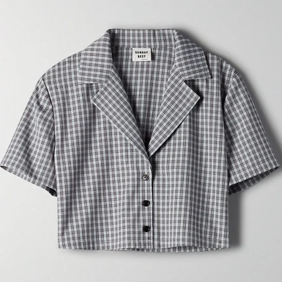 ❗️SOLD❗️Aritzia Sunday Best Blue Plaid Crop Short Sleeve Tuesday Blouse Size XS - Picture 1 of 9